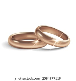 A pair of simple, shiny, polished rose gold wedding rings lying on a white background, symbolize unity and love. With glares and soft shadows.