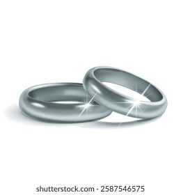 A pair of simple, shiny, polished silver wedding rings lying on a white background, symbolize unity and love. With glares and soft shadows.