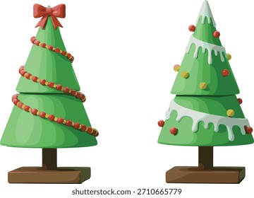 Um par de árvores de Natal simples e estilizadas, uma decorada com um arco vermelho e a outra com neve.