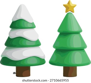 Un par de árboles de Navidad sencillos y estilizados, uno nevado y otro con un adorno de estrella.