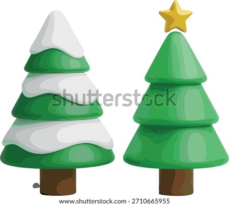 A pair of simple, stylized Christmas trees, one snowy and one with a star topper.
