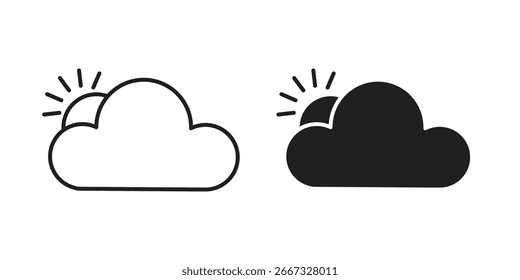 Pair of simple sun and cloud weather icons, one line art, one solid black, isolated on white.