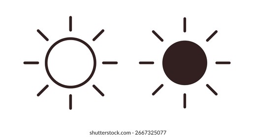Par de ícones simples do sol, um preenchido, um contorno, isolado no branco. Perfeito para design de aplicativo ou IU de site.