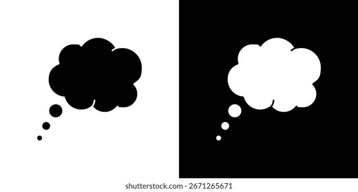 Pair of simple thought bubble icons, one black, one white, isolated on white and black backgrounds. Perfect for communication or dialogue concepts.