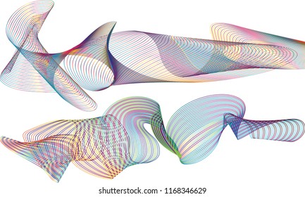 A pair of single-layered ribbon waves with the top ribbon in alternating striped lines of multiple dark and light colors and the bottom ribbon in a tumbled breeze of striped colored lines.