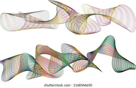 A pair of single-layered ribbon waves with the top ribbon in alternating
striped high contrast gradient lines and the bottom ribbon in a twirling wave of striped dark colored gradients.