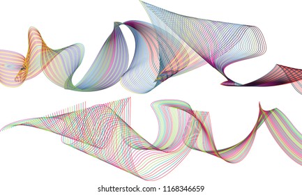 A pair of single-layered ribbon waves with the top ribbon formed in a switchback flair of randomly striped colors and the bottom ribbon in a brushed flow of randomly striped red, blue and green lines.