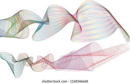 A pair of single-layered ribbon waves with the top ribbon in a broad stroke of randomly striped colors and the bottom ribbon in a smoky swirl of double striped multi-colored lines.