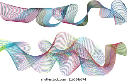 A pair of single-layered ribbon waves with the top ribbon in double-striped gradient colors and the bottom ribbon in a rolled back twist of striped gradient lines.