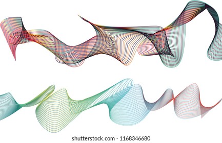 A pair of single-layered ribbon waves with the top ribbon twisted and pulled in striped multi-gradient dark colors and the bottom ribbon in a easy flowing river of striped delicate colors.