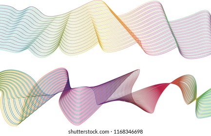 A pair of single-layered ribbon waves with the top ribbon in alternating
striped gradient lines and the bottom ribbon in a folded and twisted flow of striped contrasting gradient colors.