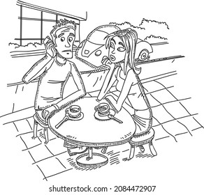 The pair sit in the cafe and man speaks with his smart phone  - sketchy vector illustration. 