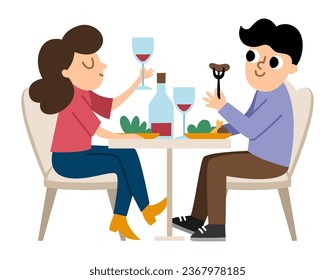 Pair sitting by the table, eating and drinking wine. Vector illustration with French people. Woman man having good time. Cute characters icon isolated on white background
