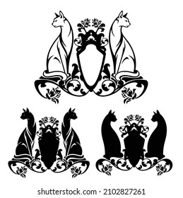 par de gatos sentados con escudo heráldico y flores rosadas - conjunto de diseño de silueta de escudos para mascotas de vector blanco y negro