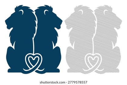 Pair of sitting lion animal with connected tail forming heart for love relationship.