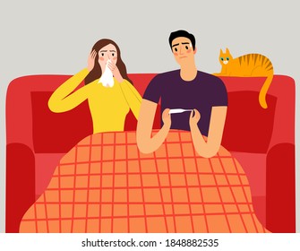 A pair sitting on a sofa having a flu and cold symptoms. Human illness and diseases. Cartoon editable illustration.