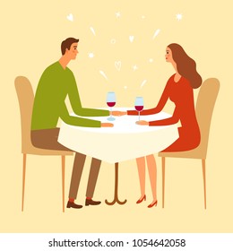 Pair sitting in a restaurant and holding hands. Including doodle elements. Cartoon illustration for your design. 