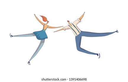 Pair of skaters in blue suits performs the opposite element. Vector illustration.