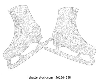 A pair of skates coloring book for adults vector illustration. Anti-stress coloring for adult. Zentangle style. Black and white lines. Lace pattern feline