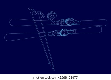 Pair of skis and ski poles are shown in a blue background. The skis are positioned in a way that they appear to be in use, with the poles resting on the skis