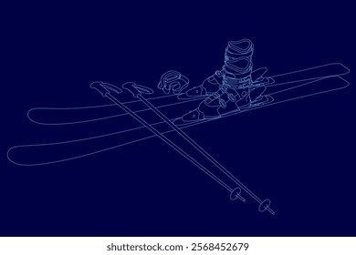 Pair of skis and ski poles are shown in a blue background. The skis are laid down on the ground, and the poles are resting on the skis. Concept of relaxation and leisure