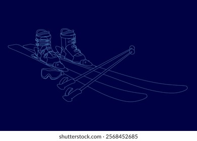 Pair of skis and ski poles are shown in a blue background. The skis are positioned in a way that they appear to be leaning on each other, with the ski poles resting on the skis