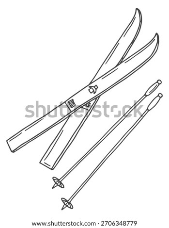 A pair of skis and ski poles are shown in a black and white drawing