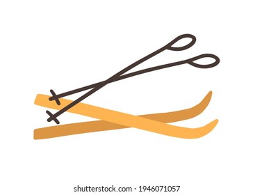 Pair of skis with sticks or poles isolated on white background. Winter sport equipment. Simple colored flat vector illustration