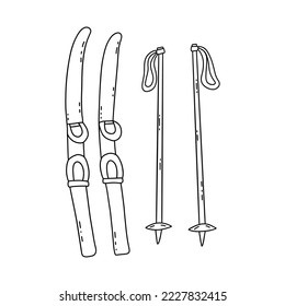 Pair of skis with sticks. Winter sport, leisure and outdoor activity. Black and white vector isolated illustration hand drawn doodle design element, outdoor equipment