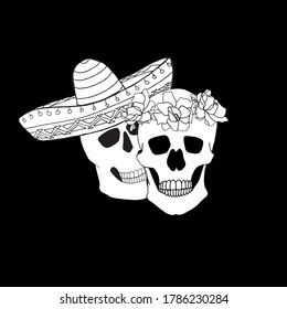 Pair skull in sombrero skull in rose wreath hand drawn graphic ink monochrome design element stock vector illustration white on black for web, for print, t-shirt design