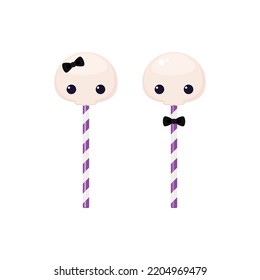 Pair of skull-shaped candies on sticks with bows. Flat vector illustration isolated on white background. Halloween trick or treat sweets for web, mobile app, print, greeting card and other design 