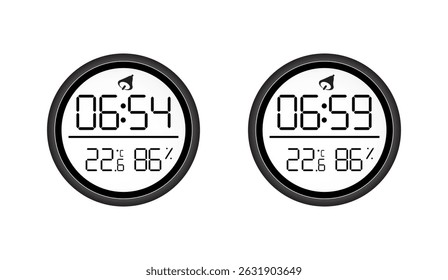 Pair of Sleek Black Digital Hygrometers Displaying Time, Temperature, and Humidity on a Clean White Background for Modern Technology Designs