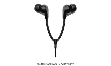 A pair of sleek black earbuds with cord, neatly arranged on a plain white background, perfect for product showcase or advertising use, highlighting the earphones' design and features.