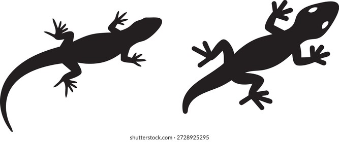 Un par de elegantes siluetas de lagarto negro, que representan un movimiento ágil, adecuado para la vida silvestre, reptiles o diseños con temas del desierto.