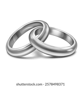 A pair of sleek, shiny, polished intertwined silver wedding rings, symbolize unity and love. With soft shadow, on white background.