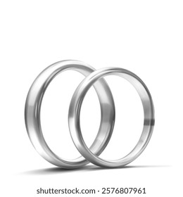 A pair of sleek, shiny, polished silver wedding rings placed side by side, symbolize unity and love. With soft shadow, on white background.