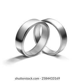 A pair of sleek, shiny, polished silver wedding rings placed side by side, symbolize unity and love. With soft shadow, on white background.