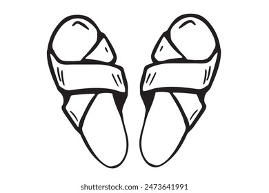 Pair of sleepers, flip-flops shoes vector outline illustration. Doodle drawing sketch, isolated on a white background. for poster, banner, card design. Shoes shop, female shoes fashion 