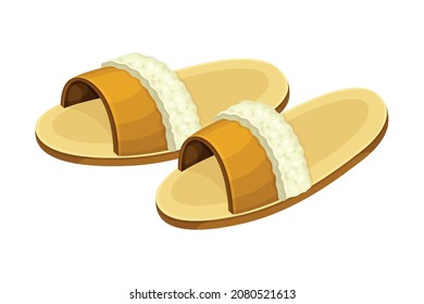 Pair of slippers, comfortable textile footwear for home, flip flops shoes cartoon vector illustration