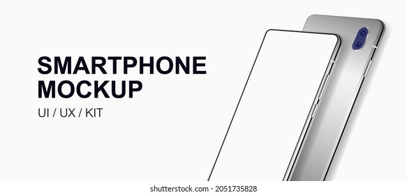 A pair of smartphones from different sides in a perspective position with blank screen for show product. Mobile Phone mockup on isolated background. Frameless blank screen mobile phone. Vector mockup