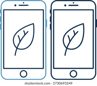 Ein Paar Smartphones, eines in hellblau und das andere in dunkelblau umrissen, die jeweils ein Blattsymbol auf ihren Bildschirmen zeigen, auf einem sauberen und einfachen weißen Hintergrund.