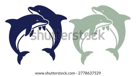 Pair of smiling dolphins leaping from water in solid and striped color, marine animals.
