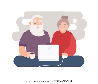 Pair of smiling elderly man and woman surfing internet together. Happy old couple watching video on laptop. Grandparents sitting at computer. Flat cartoon characters. Colorful vector illustration.