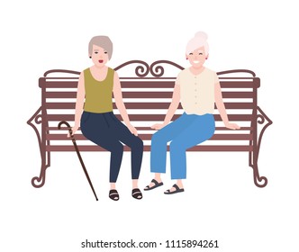 Pair Of Smiling Elderly Women Sitting On Bench And Talking. Happy Meeting Of Two Old Ladies Or Friends. Cute Flat Female Cartoon Characters Isolated On White Background. Colorful Vector Illustration.