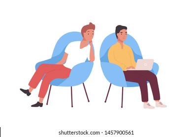 Pair of smiling employees, businessmen or office workers sitting in armchairs and working on laptop computer. Business meeting of two colleagues or clerks. Flat cartoon colorful vector illustration.