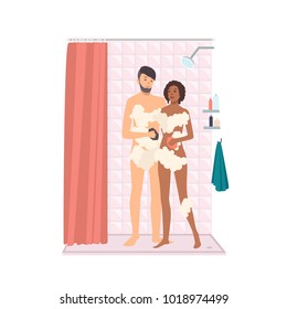 Pair of smiling man and woman taking shower together. Male and female cartoon characters washing in bathroom and lathering their bodies with soap. Daily hygiene procedure. Colored vector illustration.
