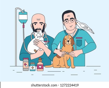 Pair of smiling veterinarians holding cat, dog and parrot. Happy vets with pets. Doctors working in veterinary clinic and curing domestic animals. Colorful vector illustration in line art style.