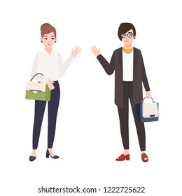 Pair of smiling women dressed in business clothes or female office workers greet each other. Friendly colleagues isolated on white background. Colorful vector illustration in flat cartoon style.
