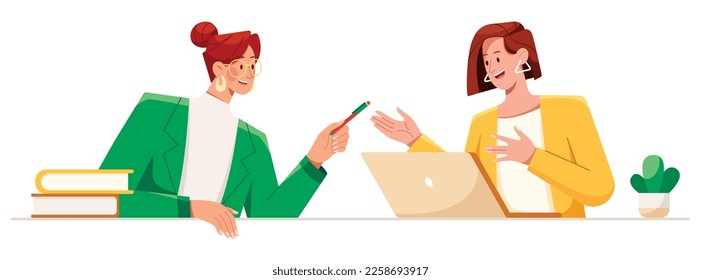 Pair of smiling women dressed in business clothes or female office workers talking to each other and smiling.