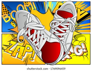 A pair of Sneaker, sport shoes - comic book style, cartoon vector illustration on abstract background.